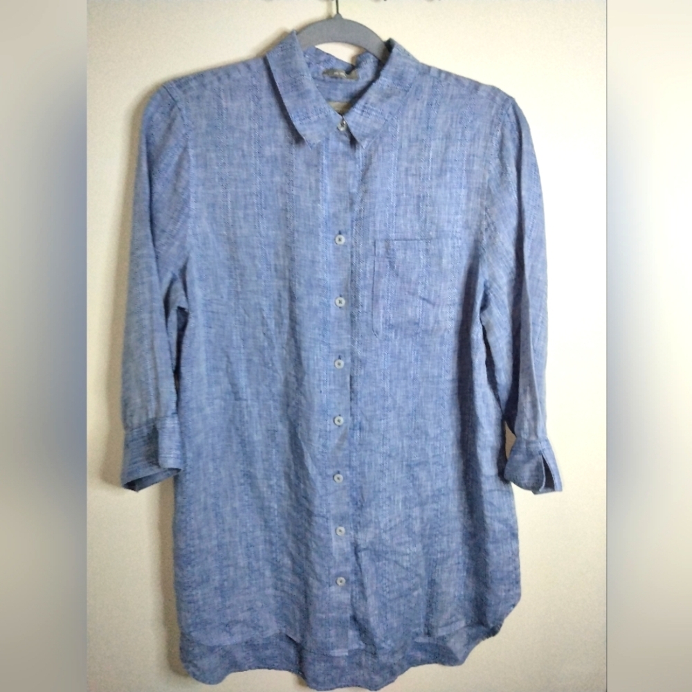 Chico's (Size 1/M/8) Blue 100% Linen No-Iron Button Down Front Half Sleeve Shirt